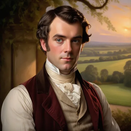 Prompt: Portrait of Mr. Bennet, (vibrant colors), classic Regency attire, soft, delicate features, expressive eyes, thoughtful expression, elegant hairstyle adorned with (period-appropriate accessories), atmospheric lighting suggesting a romantic ambiance, richly detailed background of a genteel countryside setting, (highly detailed), character study capturing her spirit and intelligence.