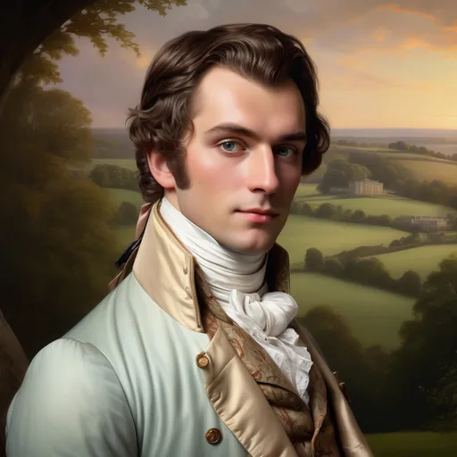 Prompt: Portrait of Mr. Bingley, (vibrant colors), classic Regency attire, soft, delicate features, expressive eyes, thoughtful expression, elegant hairstyle adorned with (period-appropriate accessories), atmospheric lighting suggesting a romantic ambiance, richly detailed background of a genteel countryside setting, (highly detailed), character study capturing her spirit and intelligence.