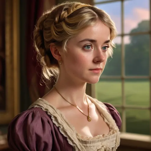 Prompt: Portrait of Jane Bennet, (vibrant colors), classic Regency attire, soft, delicate features, expressive eyes, thoughtful expression, elegant hairstyle adorned with (period-appropriate accessories), atmospheric lighting suggesting a romantic ambiance, richly detailed background of a genteel countryside setting, (highly detailed), character study capturing her spirit and intelligence.