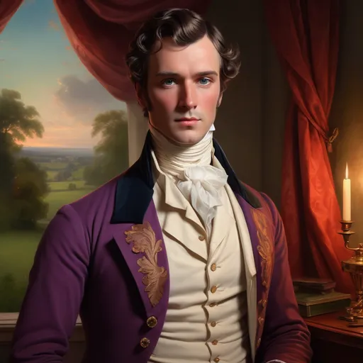 Prompt: Portrait of Mr. Wickham, (vibrant colors), classic Regency attire, soft, delicate features, expressive eyes, thoughtful expression, elegant hairstyle adorned with (period-appropriate accessories), atmospheric lighting suggesting a romantic ambiance, richly detailed background of a genteel countryside setting, (highly detailed), character study capturing her spirit and intelligence.