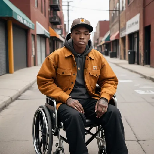 Prompt: Wheelchair person dressing carhartt

