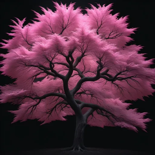 Prompt: Photorealistic image, pink tree light painting, striking against a deep black backdrop, minimalistic elegance, delicate line design, soft glow illuminating the tree, enhancing textures, high depth contrast between light and shadow, serene ambiance, captivating visual simplicity, perfect balance of modern artistry, 4K ultra-detailed image quality to accentuate intricacies.