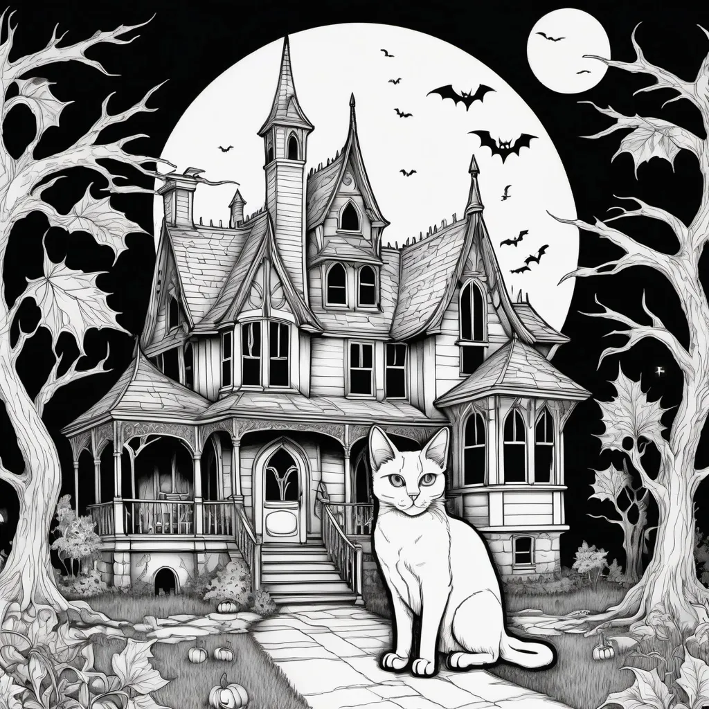 Prompt: Witch's familiar cat, gothic inspired haunted house, black and white line art coloring book, coloring page