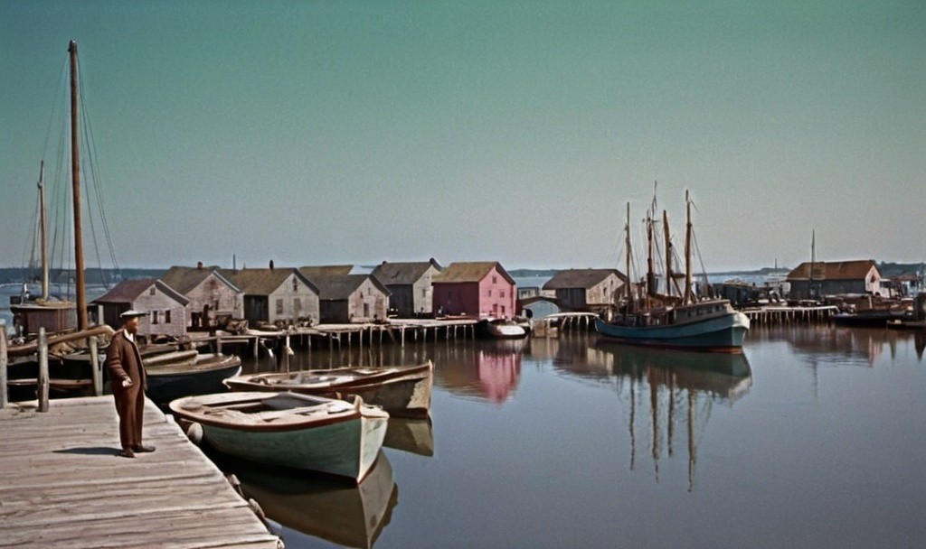 Prompt: a color photo of a harbor with boats and buildings on the shore and a man standing on a dock, Elizabeth Charleston, regionalism, wpa, a colorized photo