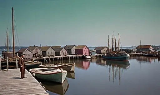 Prompt: a color photo of a harbor with boats and buildings on the shore and a man standing on a dock, Elizabeth Charleston, regionalism, wpa, a colorized photo