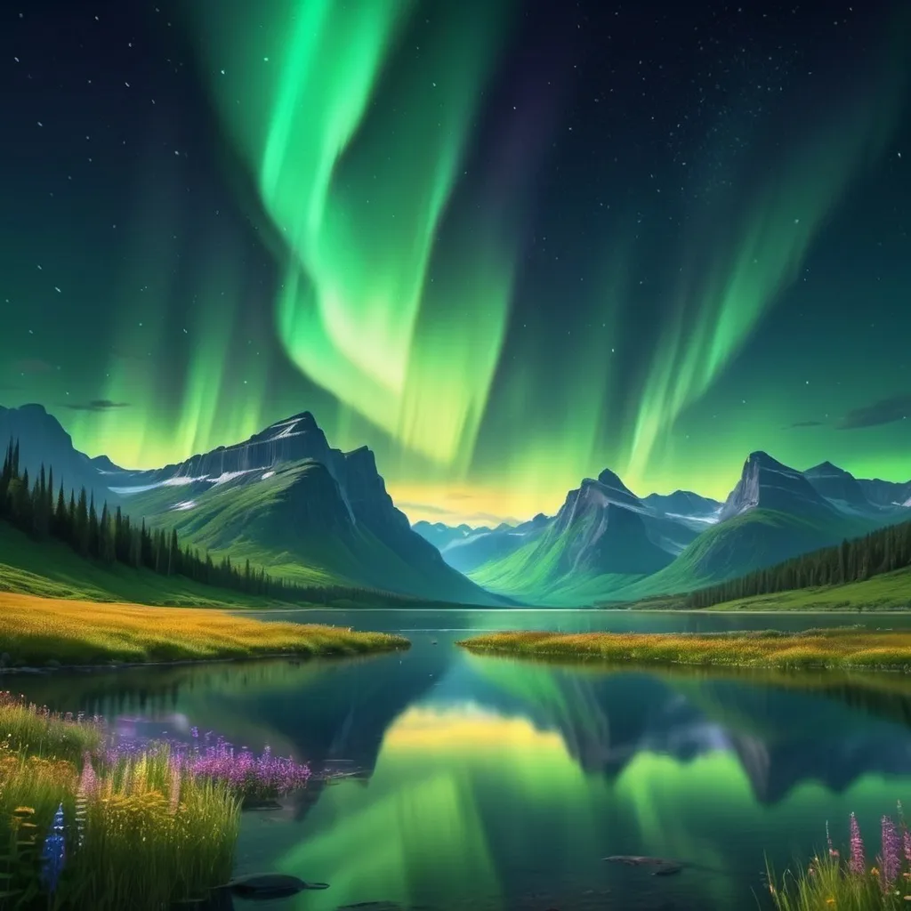 Prompt: beautiful summer landscape add northern Lighs  
