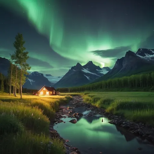 Prompt: beautiful summer landscape add northern Lighs  
