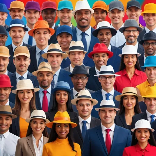 Prompt: leaders wearing different hats, (diverse styles of hats), showcasing leadership, (symbolic representation), vibrant colors, warm ambiance, (strong presence), distinct expressions, cultural elements, engaging composition, motivational atmosphere, surrounded by inspirational backdrop, (teamwork theme), ultra-detailed, high quality, 4K resolution.