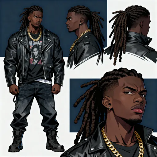 Prompt: create a  black urban street thug sage with dreads anime character out of this image at least 4 different angles