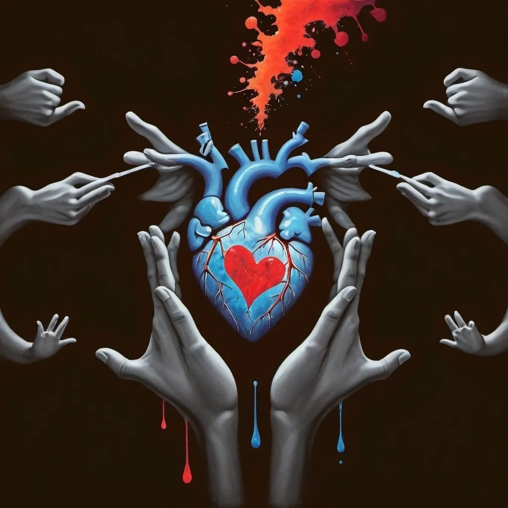 Prompt: a heart with a message that says good needs no talking about it, and a red and blue splattered heart, Claire Dalby, tachisme, corrected, a poster