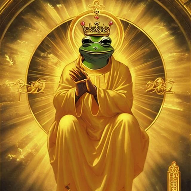 Prompt: Pepe frog spiritual king golden halo sun