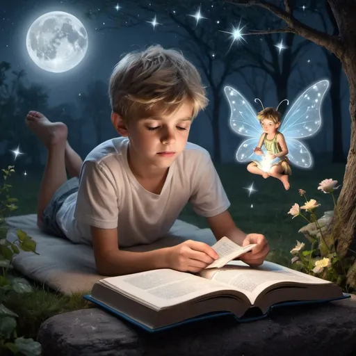 Prompt: Sleepless night boy reading and fairy magic appears 