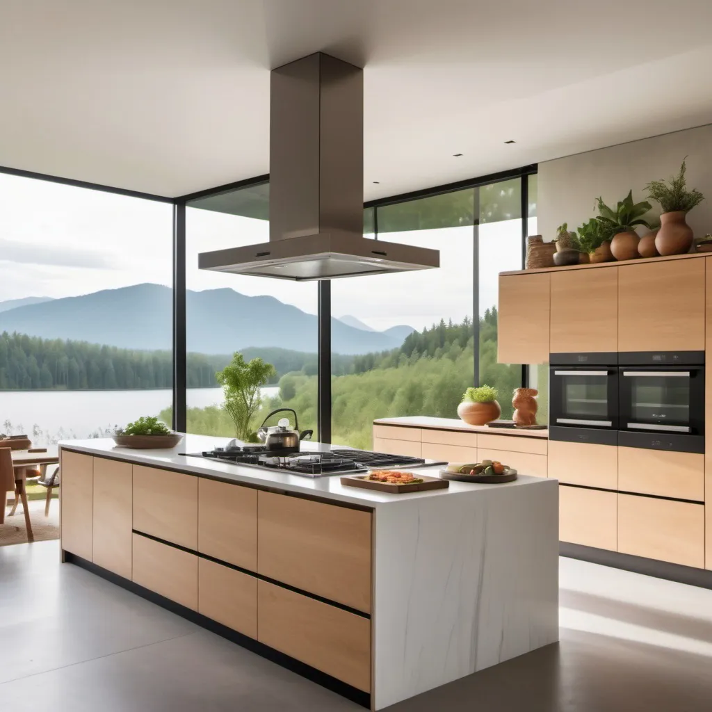 Prompt: An island type kitchen located in nature and has a stylish built-in oven and hood.