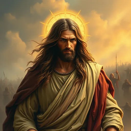 Prompt: Jesus as a warrior  
with battlefield as background