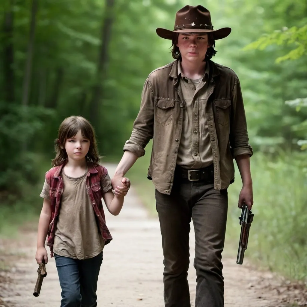 Prompt: carl grimes from the walking dead holding hands with neagan