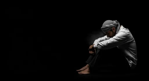 Prompt: Black screen → slowly fades into a man sitting alone in darkness, head down, breathing heavy, man looks muslim and covering head topi