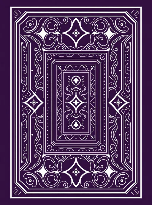Prompt: Create a symmetrical, intricate card back design for a playing card that incorporates the theme of diamonds and jewelry. The design should feature geometric patterns inspired by diamond cuts (such as round, princess, and emerald shapes) and stylized jewelry motifs (like rings, bracelets, and pendants). Use a luxurious color palette of deep purple and white, ensuring the pattern is elegant and sophisticated. use the elements in the image and incorporate it into the card design

Create a traditional playing card back design in the style of a classic Bicycle deck. The layout should be highly symmetrical both horizontally and vertically, with mirrored elements that ensure the card looks the same in any orientation.

The design must be intricate and detailed, using only two printed ink colors purple and white). Avoid any digital painting effects — the look should resemble printed offset ink with crisp lines, consistent tone, and a flat, slightly textured appearance.

Incorporate swirling floral patterns, scrollwork, and mirrored shapes in the center — possibly using abstract figures, wing motifs, or curved vine-like forms. The border should be a thin white line framing a tightly packed inner rectangle with ornamental corners and repeated symmetrical curls. Make it diamond themed with icons and shapes and the sparkle 4-poijnt stars incorporated

Style reference: classic Bicycle Rider Back playing card, vintage, ornate, engraving-like detailing, symmetrical inked print, vector line art feel.
make it look like a classic playing card
Design the border using multiple nested line frames, including thin double-line outer edges, one or more inner rectangular frames, and decorative banding in between. The overall effect should feel architectural and finely structured — like the layered borders seen on classic printed playing cards. Use precise vector-style linework with clean, symmetrical alignment. The border should be detailed but not overly heavy, complementing the ornate center design.