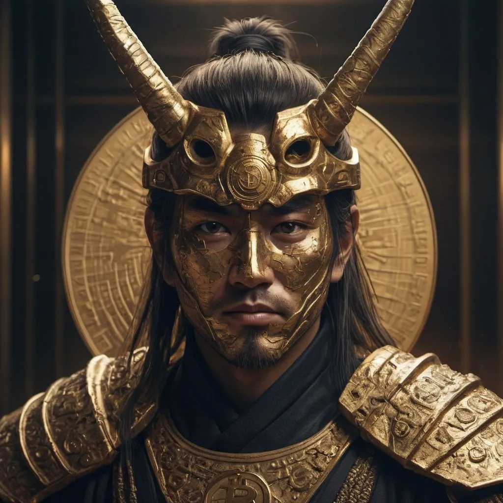 Prompt: Bitcoin halving event, Satoshi Nakamoto, surrealism, detailed Samurai, cryptocurrency, digital art, intense lighting, highres, surreal, halved Bitcoin value, atmospheric background, futuristic, detailed face, symbolic imagery, gold tones, cyberpunk, intense gaze, professional, dramatic shadows