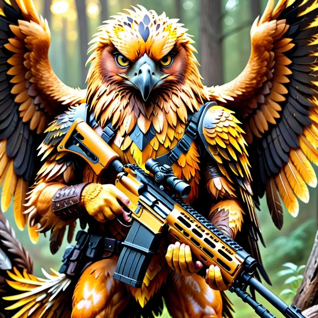 Prompt: Create image of a griffon holding a rifle