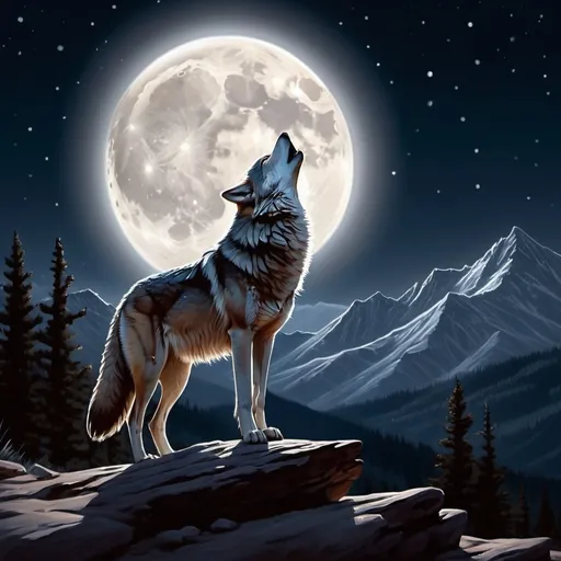 Prompt: Lone Wolf howling at the moon in Utah on a mountain 
