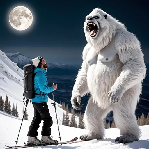 Prompt: Lone Wolf howling at the moon in Utah on a mountain with his best friend a smiling skiing Yeti
