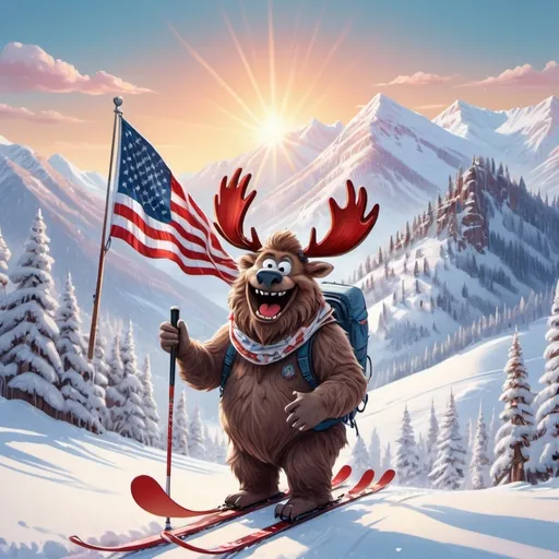Prompt: Happy Yeti Skiing smiling holding an American Flag in Utah pictures from the top showing the incredbile views. Include a gondola in the back ground and lots of trees, mountains and a moose and bear