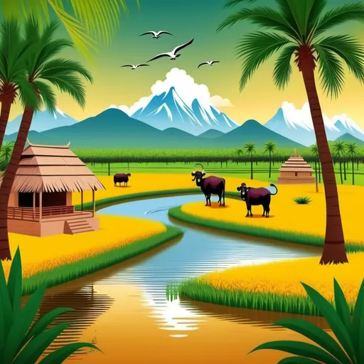 Prompt: pongal greetings with beautiful nature scene of tamil nadu


