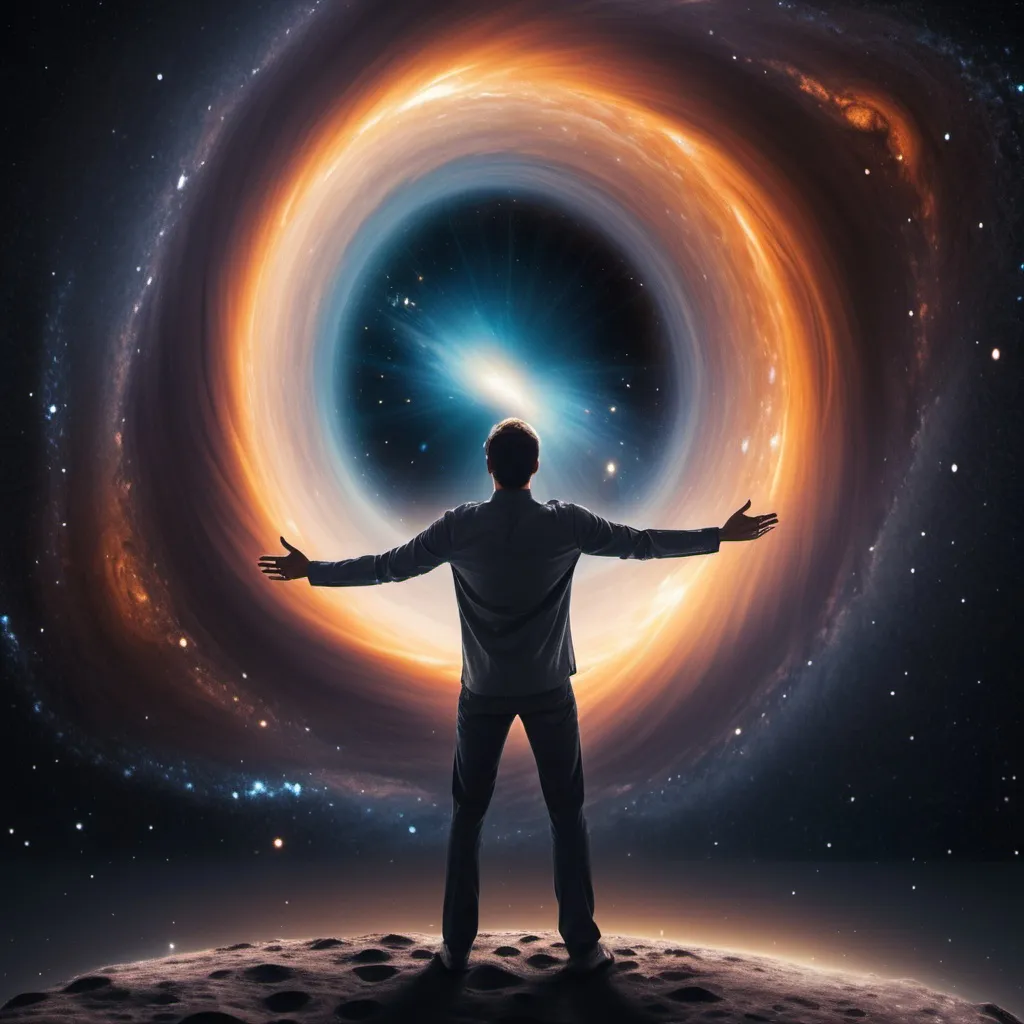 Prompt: Black hole with a man standing in front of it with one hand over his heart and his other in the air welcoming in the universe 