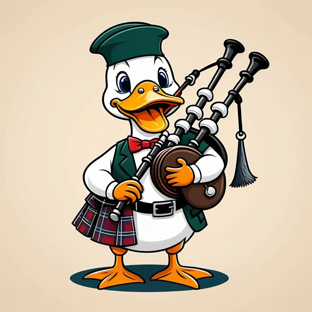 Prompt: A duck playing the bagpipes cartoon
