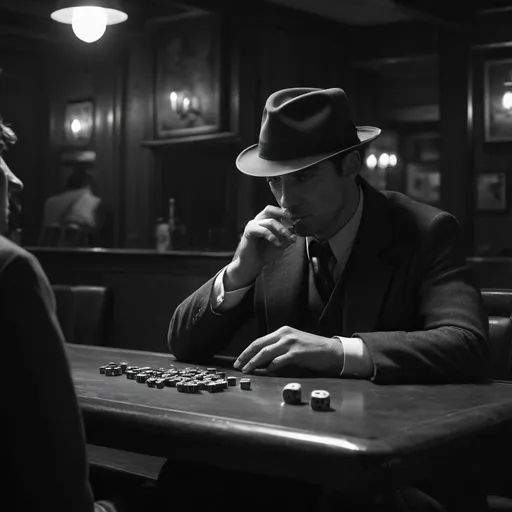 Prompt: A dark noir investigator sitting with his Fedora hat smoking a cigar on the table bench in the tavern, and playing dice on that bench in black and white and without his face shown — like a silhouette 