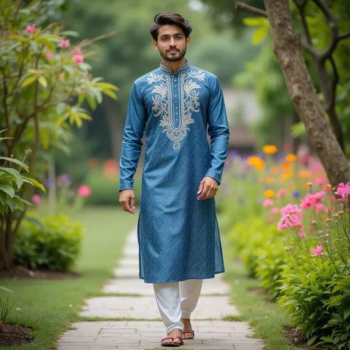Prompt: *A 25-year-old young man, stylish and confident, wearing a traditional blue and white shalwar kameez, standing in a lush garden. The outfit features intricate embroidery or patterns, blending modern and ethnic aesthetics. The garden is vibrant with greenery, colorful flowers, and soft natural lighting. The scene evokes a sense of serenity and cultural elegance, with the man posing gracefully or walking along a garden path.*