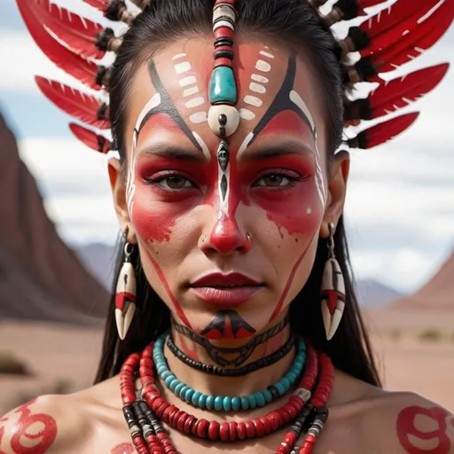 Prompt: beautiful queen alien native wearing a claw necklace and  tribal red paint on her face 