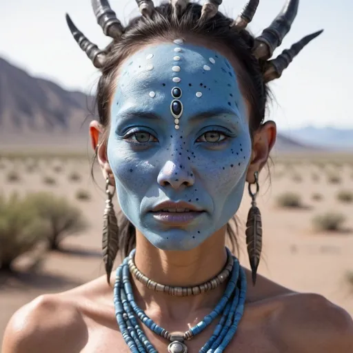 Prompt: female alien native wearing a claw necklace and blue freckles on her face 