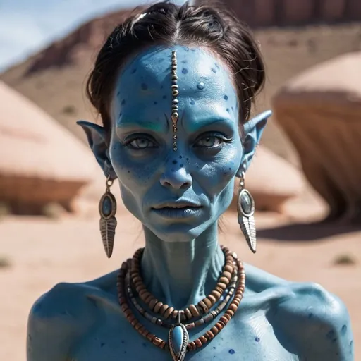 Prompt: female blue alien native wearing a claw necklace and  freckles on her face 