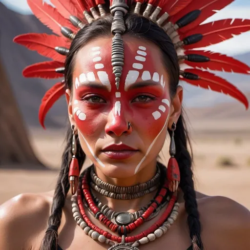 Prompt: beautiful queen alien native wearing a claw necklace and  tribal red paint on her face 