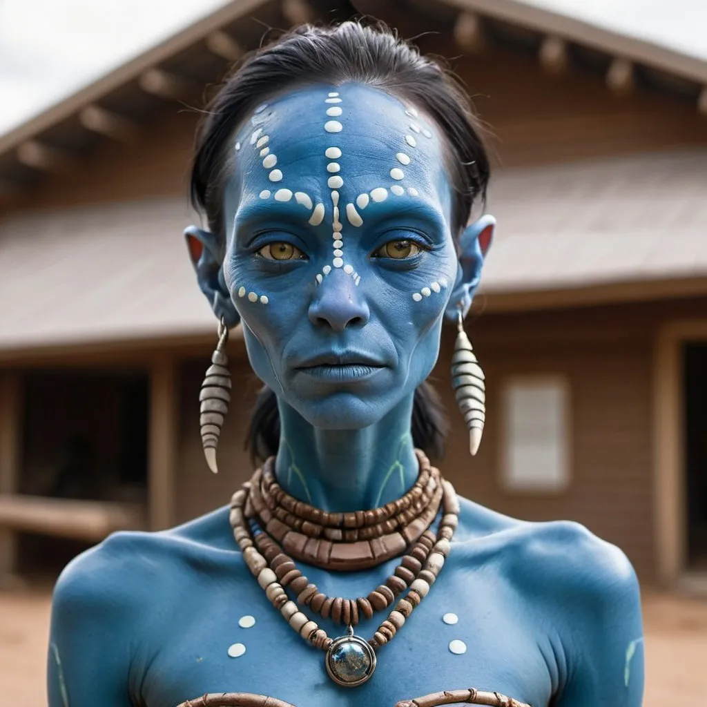 Prompt: female blue alien native wearing a claw necklace and  freckles on her face 