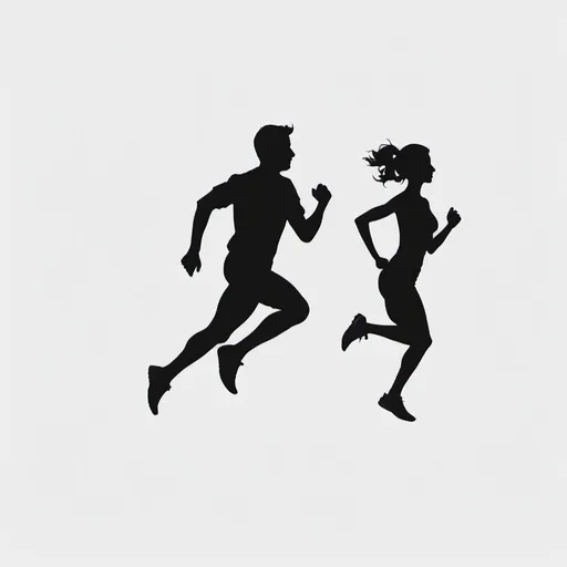 Prompt: A silhouette logo of a woman and a man running toward the right no background minimalist