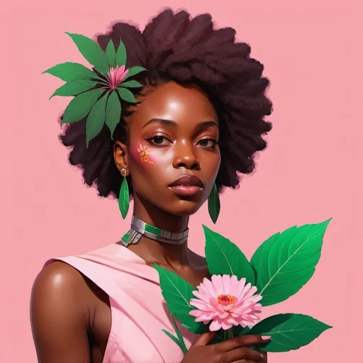 Prompt: a woman with a flower in her hand and a green leaf on her shoulder, with a pink background, Chinwe Chukwuogo-Roy, afrofuturism, digital artwork, digital art