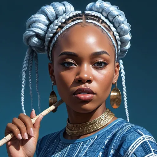 Prompt: a woman with white braids and a stick in her mouth is wearing a blue weaved cropped top, Chinwe Chukwuogo-Roy, afrofuturism, highly detailed digital art, a character portrait