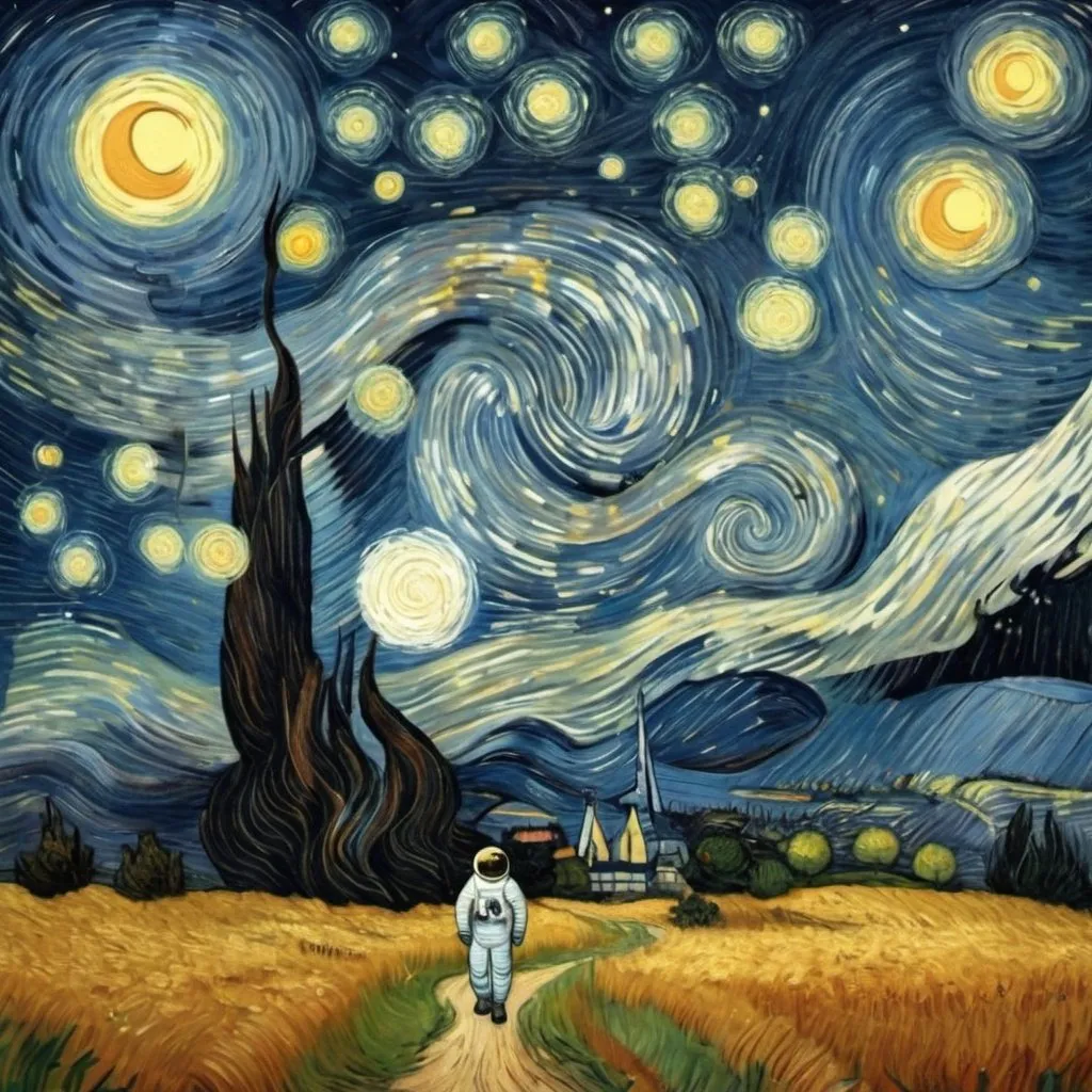 Prompt: Un'illustrazione di un'astronave che vola tra le stelle nello stile di Van Gogh con una profondità di campo completa.
