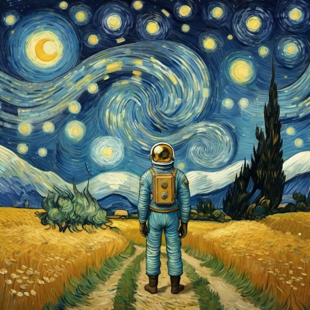 Prompt: Un'illustrazione di un'astronave che vola tra le stelle nello stile di Van Gogh con una profondità di campo completa.
