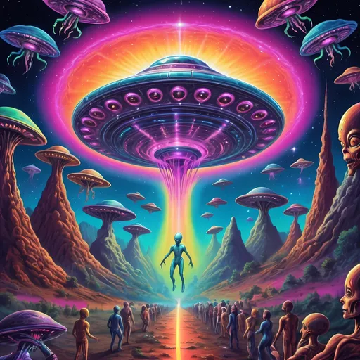 Prompt: Aliens tripping on LSD, UFO soaring through galaxies, vibrant psychedelic colors, extraterrestrial beings in ecstatic state, high energy, cosmic rave, surreal atmosphere, intergalactic journey, swirling patterns, neon lights, vibrant hues, high quality, psychedelic, cosmic, vibrant colors, euphoric energy, surreal, galactic journey, ecstatic beings, alien encounter, futuristic UFO, cosmic rave