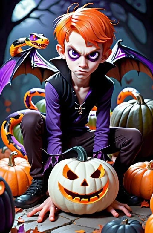 Prompt: One boy, Halloween, teenager, half brown half orange hair, purple black orange color scheme, pumpkins, vampire, fairy wings, purple eyes, snake eyes, tentacles, creepy shadows