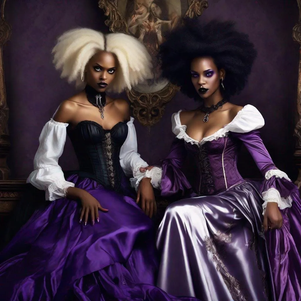 Prompt: Two woman, one Gorgeous black woman, afro hair, short hair, vampire, elegant, gothic, victorian fashion, corset dress, chocker necklace, renaissance painting, sensual, vampire fangs, lesbian, and one Gorgeous woman, fair skinned, long flowing blond hair reaching her knees, silver eyes, slit pupil, sensual, beautiful, long purple dress, goat horn, elegant, lesbian, girlfriends 