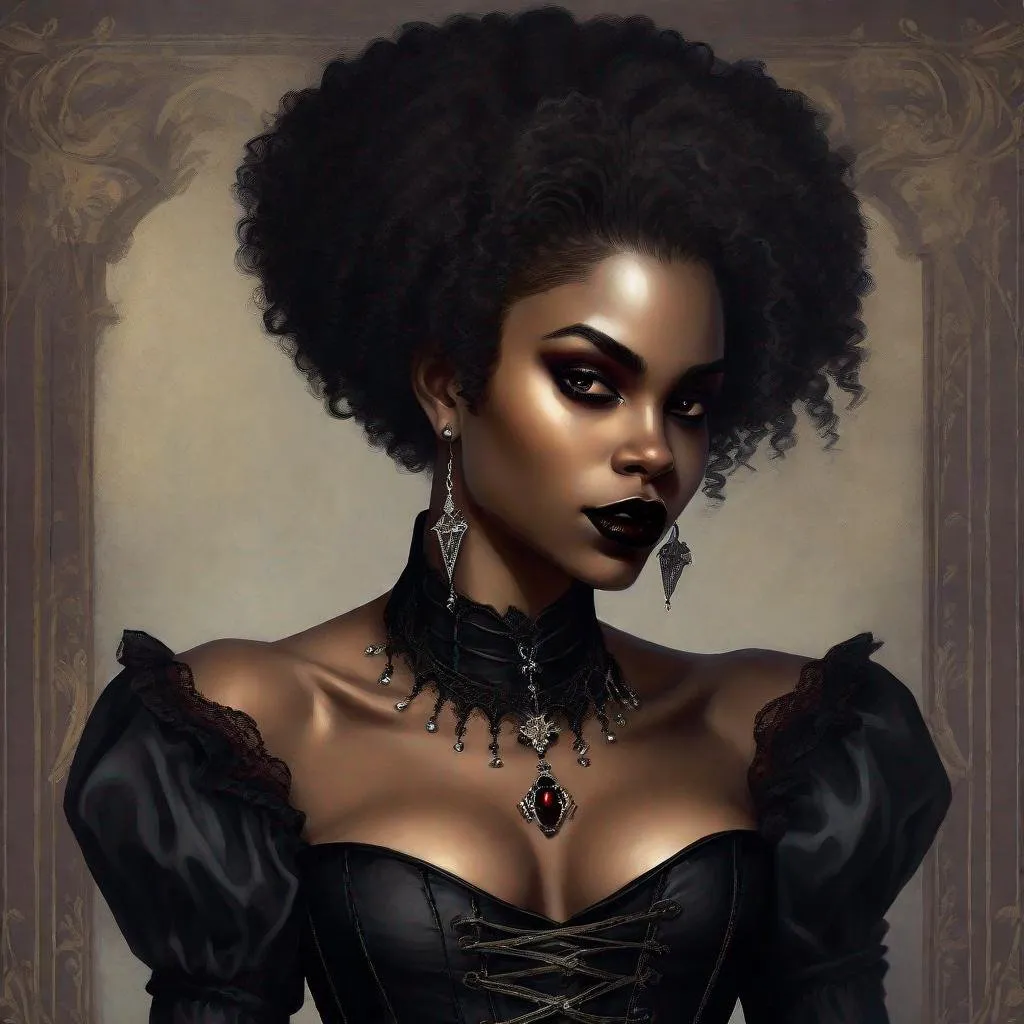 Prompt: Gorgeous black woman, afro hair, short hair, vampire, elegant, gothic, victorian fashion, corset dress, chocker necklace, renaissance painting, sensual, vampire fangs, lesbian