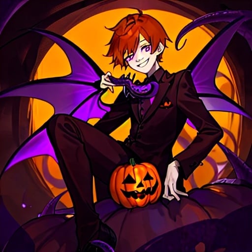 Prompt: One boy, Halloween, teenager, half brown half orange hair, half and half hair, purple black orange color scheme, pumpkins, vampire, fairy wings, purple eyes, snake eyes, tentacles, creepy shadows, cute, smiling, friendly 