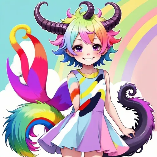 Prompt: 1 boy, cute, kawaii fashion, femboy, boy wearing a dress, androgynous, short hair, colorful hair, rainbow hair, multicolor hair, fluffy hair, big fluffy tail, animal ears, horns, demon, tentacles, cute, smiling, pastel colors