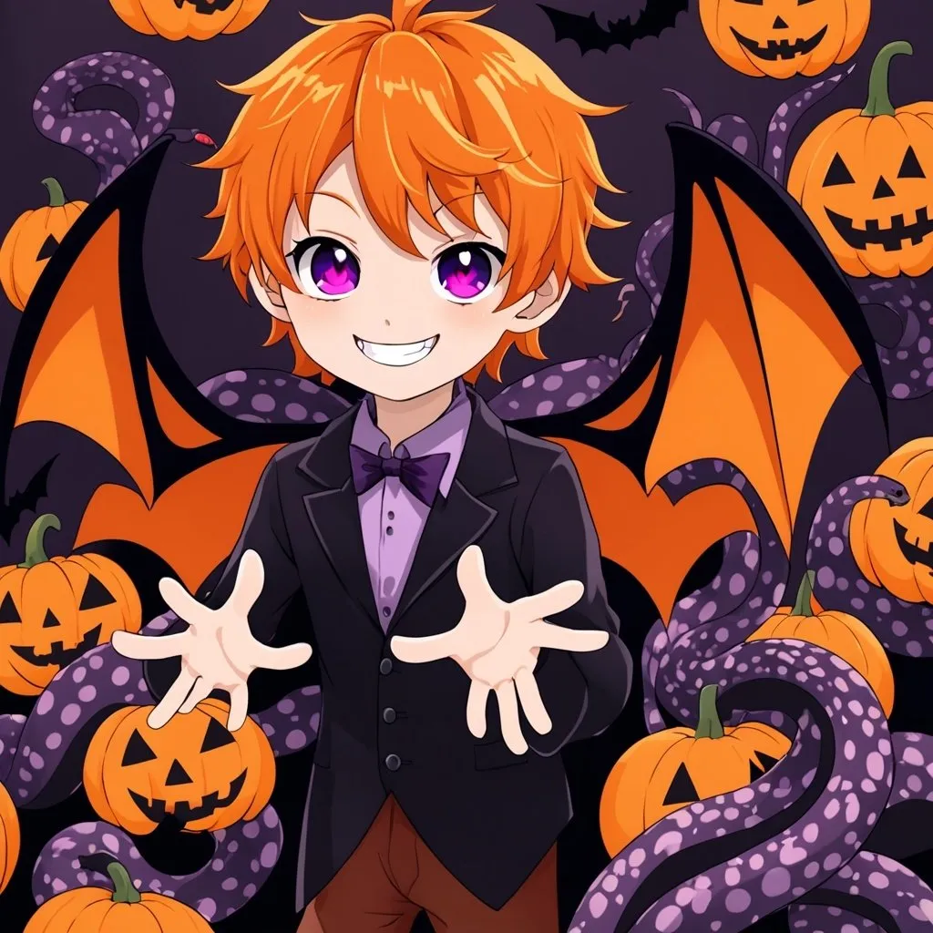 Prompt: One boy, Halloween, teenager, half brown half orange hair, half and half hair, purple black orange color scheme, pumpkins, vampire, fairy wings, purple eyes, snake eyes, tentacles, creepy shadows, cute, smiling, friendly 