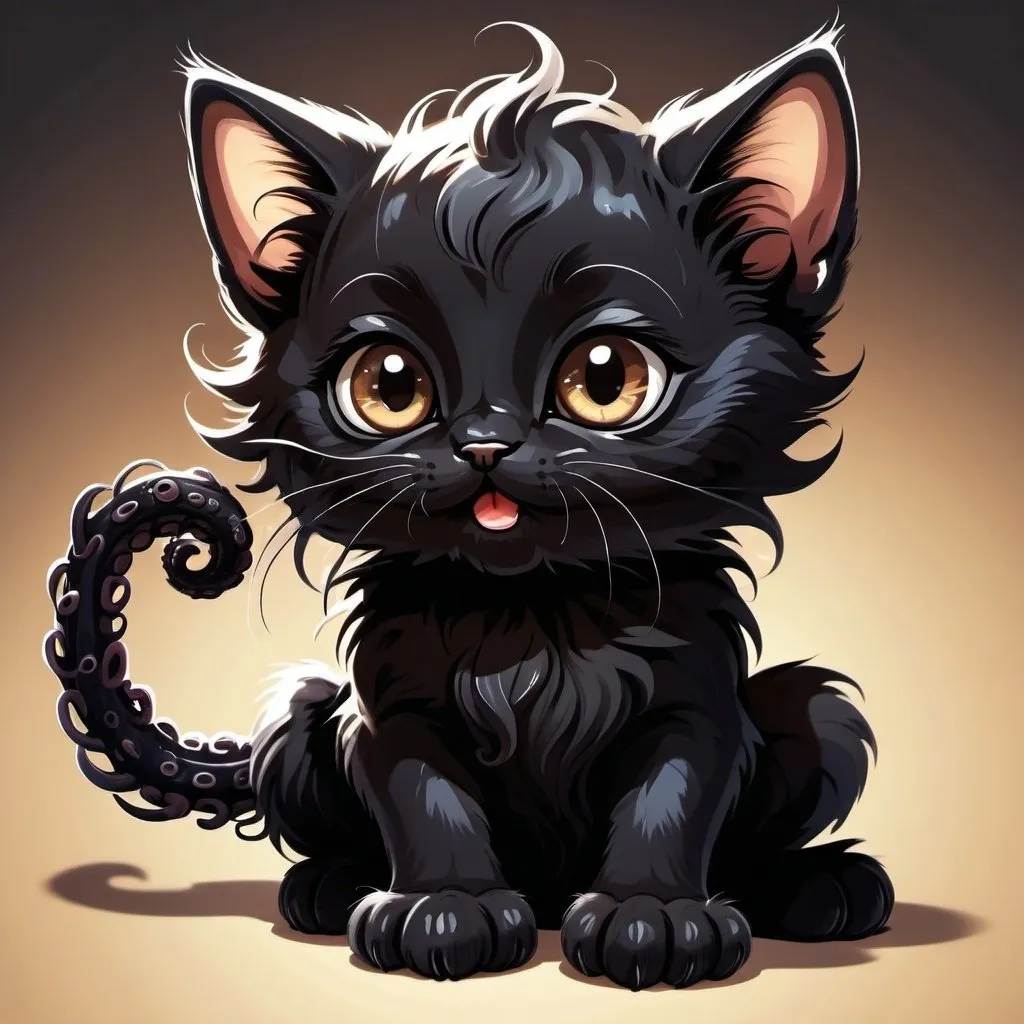 Prompt: One cute kitten playing, Black fluffy kitten, big bright brown eyes, energetic, tentacles, shadows, cartoony, shadow tentacles, eldritch cat