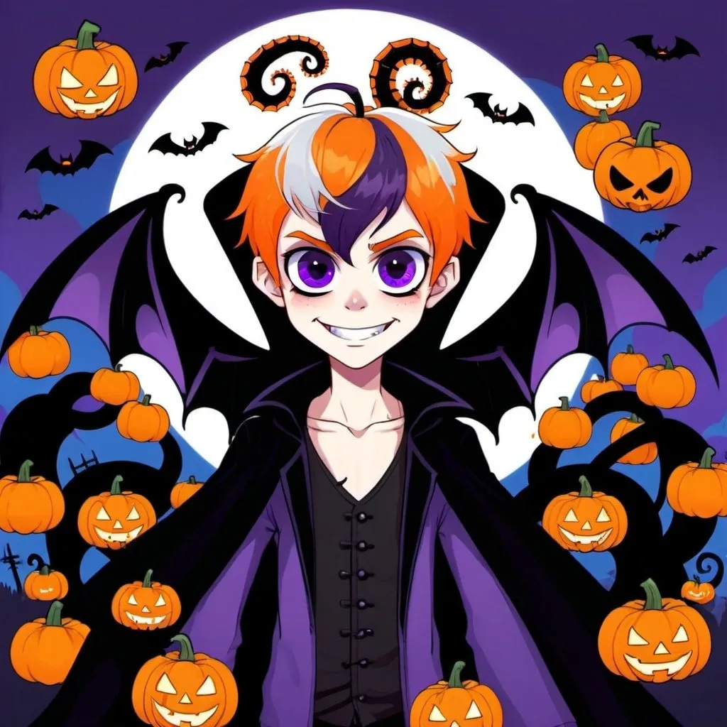 Prompt: One boy, Halloween, teenager, half brown half orange hair, half and half hair, multi color hair, purple black orange color scheme, pumpkins, vampire, fairy wings, purple eyes, snake eyes, tentacles, creepy shadows, cute, smiling, friendly 